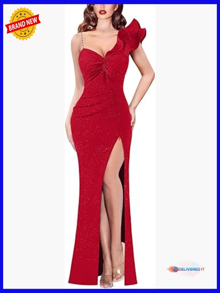 One Shoulder Ruffle Maxi Dress With Ruched Waist And Front Slit